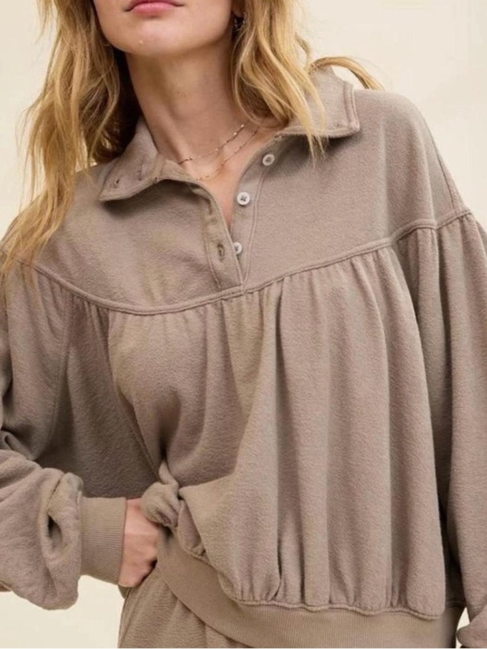 Aerie Terry Button Sweater Size Small Oversized Pullover Soft Life Brown Neutral